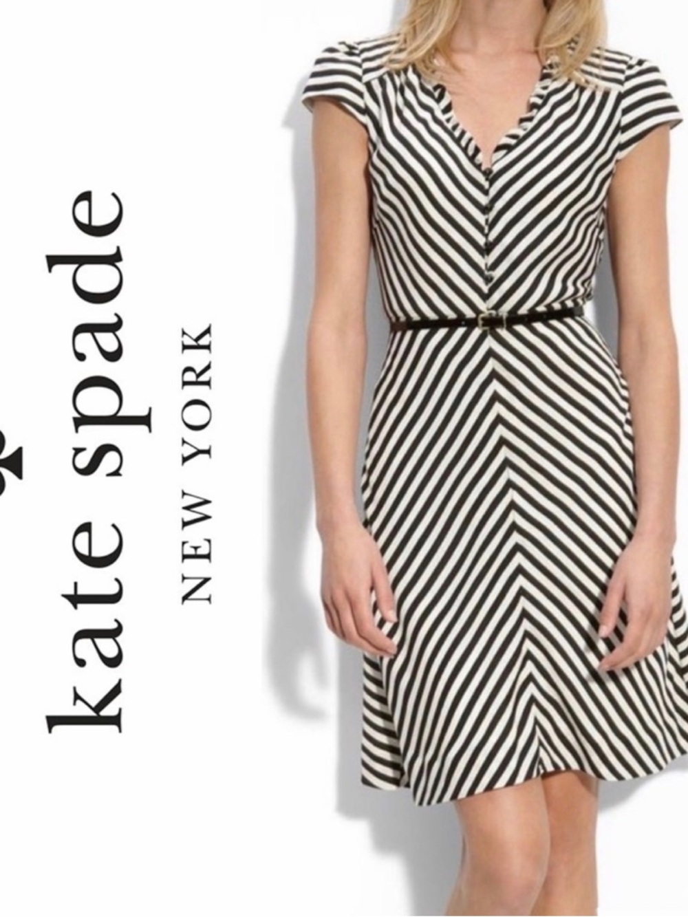 kate spade Black and White Diagonal Stripe Fit-and-Flare Midi Dress
